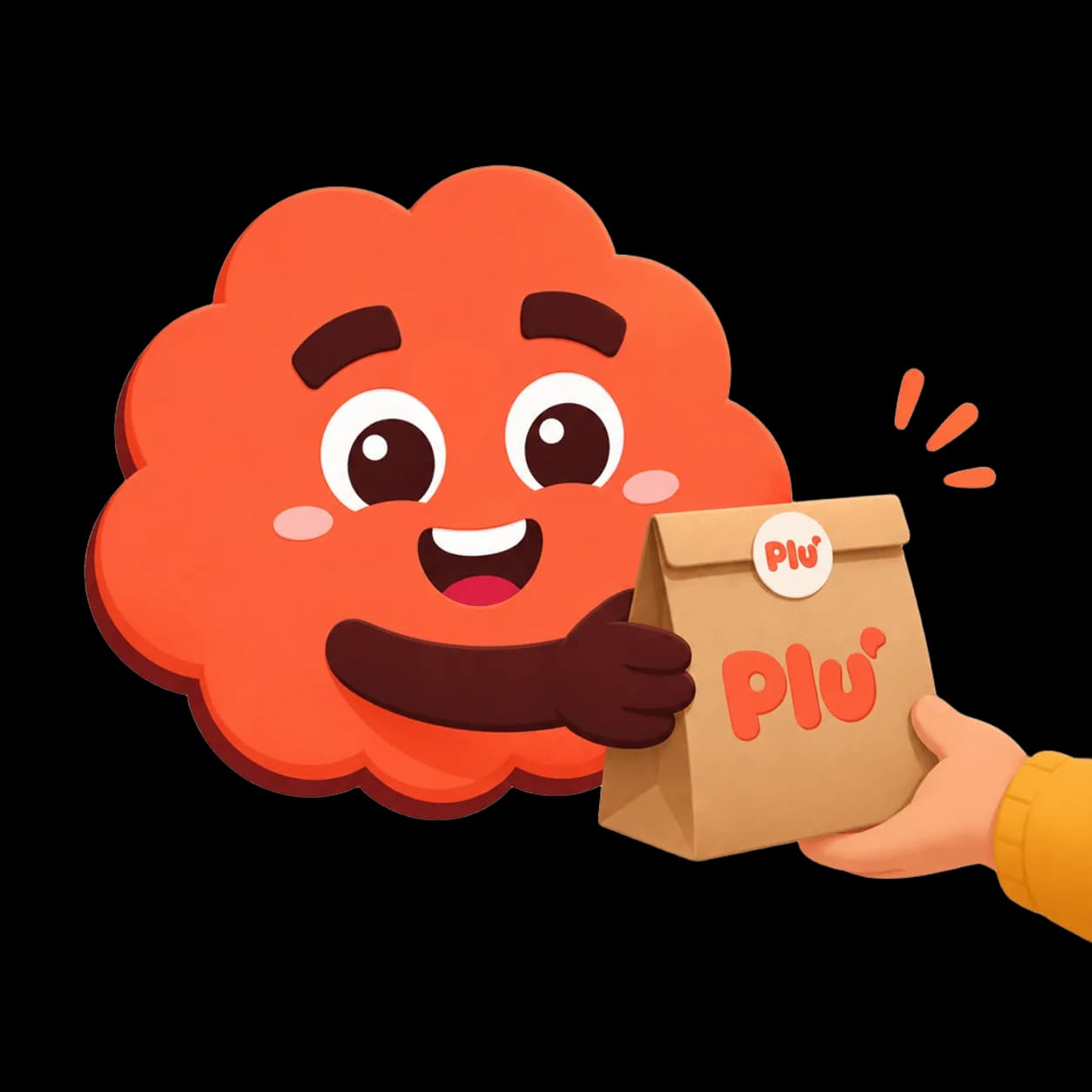 Pluzinho entregando um pedido na sacola Plu.