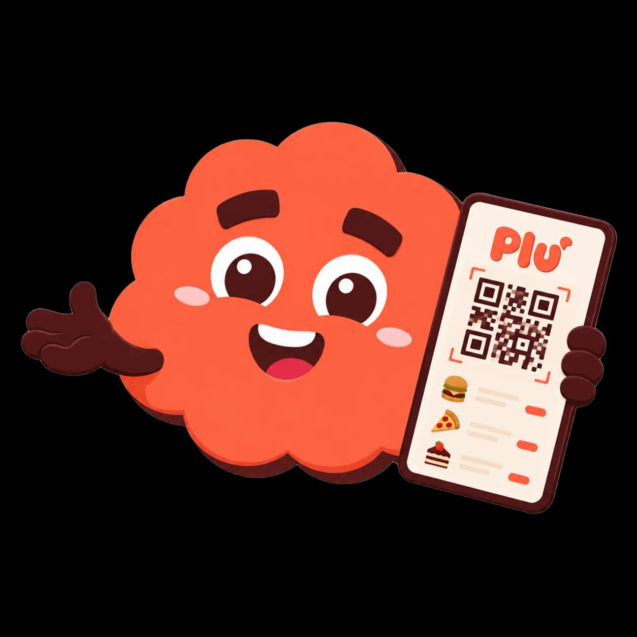 Mascote Plu mostrando cardápio digital com QR Code no celular.