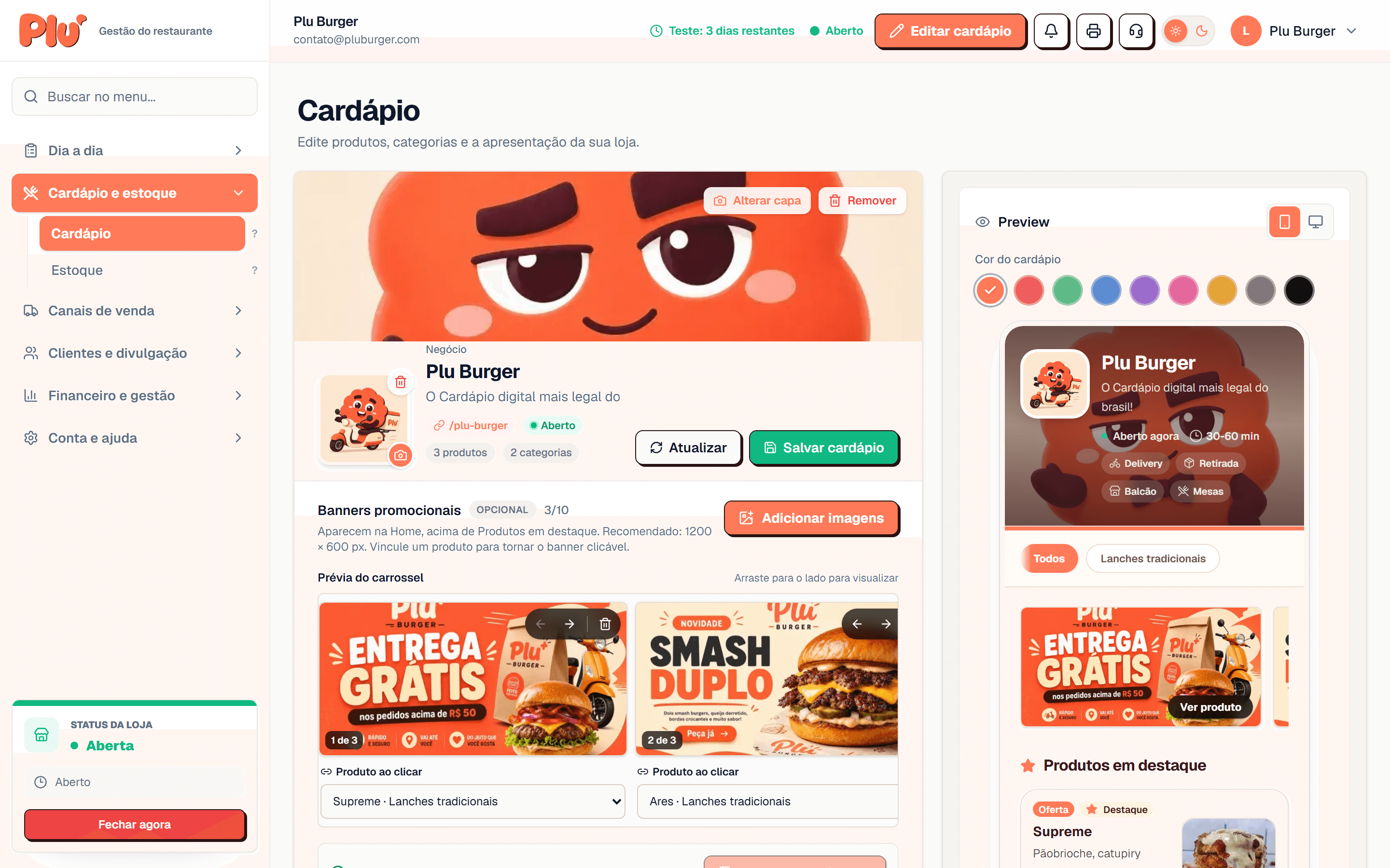 Tela de cadastro e edição de cardápio do Plu no computador.